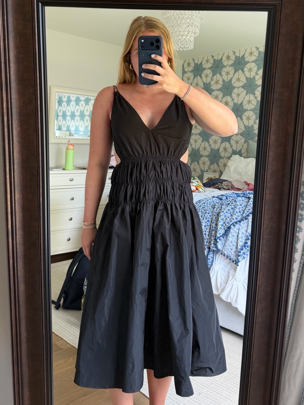 Maje Black Smocked-Waist Midi Dress